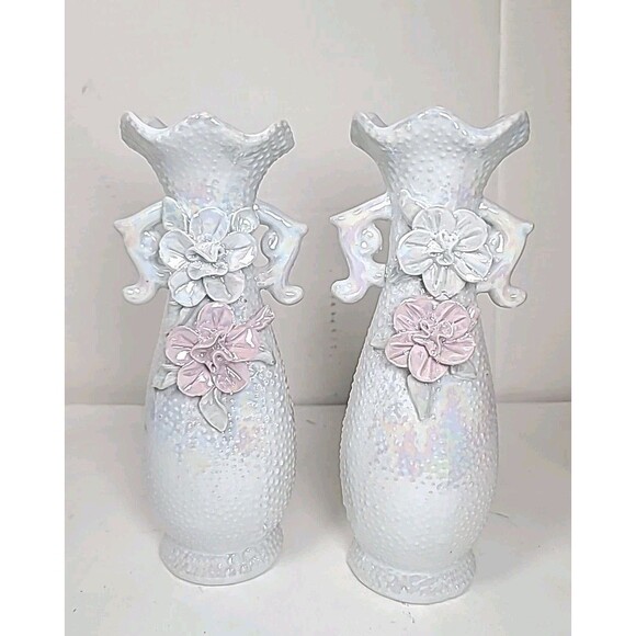 Vintage Set Of 2 Opalescent Porcelain White Lusterware Vase 8" Tall 3D Flowers - Picture 1 of 9